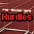 Red and black text overlays on a track-and-field background with hurdles, trees, and lane markings.
