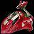 Pixelated figure in red and green attire with a long neck, holding a red object against a dark background.
