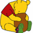 Pixelated yellow bear wearing red shirt and brown pants, holding green object with purple tip against white background.