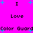 Static pixel art with bright pink background, blue plus signs scattered throughout, and black text reading 'I Love Color Guard' repeated in two
