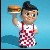 Pixelated character in red-and-white checkered apron holds tray with brown rectangular object against light blue background.