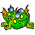 Green pixelated creature with multiple blue gem-like eyes, orange-tipped spikes, yellow accents, and a small purple mouth on white background.