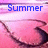 Pixelated image with blue text 'Summer' over pink and purple gradient background featuring dark curved shapes.