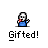 Animated contact sheet of a pixel art buddy icon showing multiple frames with text bubbles and particle effects above a gray background.