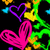 Neon-colored heart shapes and abstract patterns on a black background with green, yellow, blue, and purple accents.