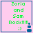 Pixelated pink background with green text 'Zoria and Sam Rock!!!!!' and a smiley face, bordered by blue lines.