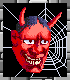 Red devil face with horns and spiderweb background in four color variations.