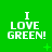 Green background with white pixelated text "I LOVE GREEN!" repeated in a , each instance accompanied by small green plus or cross symbols