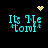 Pixelated cyan text 'Its Me tomf' on black background with yellow heart and starburst symbols above and below.