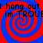 Red and blue spiral pattern with repeated text 't hang out im TROUE' in black pixelated font across four quadrants.