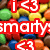 Pixelated icon with colorful candy background and repeated 'i<3' symbols in red, green, cyan; text 'smartys' appears partially visible.