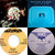 Pixelated 2x2 grid of four distinct static images: top-left shows a figure with light hair and red lips against dark background, top-right is blue square with small dark blue rectangle, bottom-left is golden circular object with white center, bottom-right is gray sphere with purple marking.