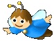 Pixelated character with brown hair, blue wings, and antennae points left on gray background.