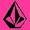 Black geometric shape resembling a stylized diamond or house on solid pink background with pixelated edges.