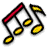 Pixelated icon of five black musical notes with yellow-green oval note heads and one red vertical line on the left.