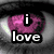 A pixelated eye with pink iris and black pupil overlaid by text "i love" in white block letters, next to a beach scene with blue water and yellow sand forming the word "him."