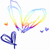Pixelated rainbow gradient heart with blue feather and small orange/purple accents on white background.