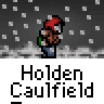 Pixel art animation of a character in red hat and blue pants walking through snow, displayed as 2x2 contact sheet with text "Holden Caulfield" below each frame.