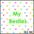 six text-based icons on a white background with colorful patterned dots, each displaying distinct names or phrases in various colors