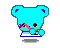 Pixelated cyan bear with black eyes and pink nose, holding a small purple flower while seated on a blue platform against gray background.