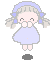 Pixelated doll avatar with light blue dress and headband, gray pigtails, and pink cheeks, shown in two poses with hands near face and raised hand.