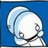 Pixelated character with light blue headwear and white face, positioned against solid blue background in four