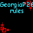 Pixelated cyan text "GeorgiaP rules" repeats across black background with red square-dot animations at four corners.