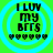 Green background with cyan concentric circles, black text reading "I LUV MY BFFS" and six small heart icons below the text.