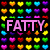 Pixelated grid of colorful heart shapes surrounding large pink text on a black background.
