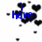 Blue text and black heart shapes on a white background with scattered small dots, transitioning between phrases.
