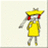 Pixelated character in yellow dress and wide-brimmed hat with red accents, gray limbs, and a single visible eye, standing against light background.