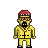 Pixelated character in yellow jumpsuit with black cross, red patch, red headband, and dark glasses on gray background.
