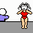 Animated contact sheet showing a pixel-art character in red swimsuit performing electric effects across multiple frames with purple and white background elements.