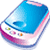 Pixelated blue and pink object with rounded edges, featuring a white section with small colored dots and a curved purple outline.