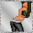 Pixelated cartoon character in orange top and dark pants holding a green object, with changing text above on silver background.
