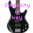 Pixelated black electric guitar with brown neck and silver pickups, overlaid with pink text reading "Simplicity is key" and "you only need 4 strings" across two views.