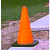 A contact sheet of 16 animated frames showing a static orange traffic cone on grass and pavement with repeated text layers below it.