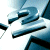 Pixelated image split into two sections: left shows abstract blue and white shapes, right displays green text on dark green background.