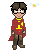 Pixelated character in red cape with yellow '1' on chest, brown pants, green eyes; small white and orange object floats near head across frames.