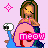 A 3x3 contact sheet of pixel art frames showing a cartoon girl with long brown hair holding a pink snail, each frame featuring different background colors and text styles for the word "meow".