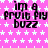 A static image with a pink background patterned by white stars, displaying repeated text 'im a fruit fly buzz' in black pixelated font.