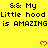 Yellow background with black text repeating "&& My Little hood is AMAZING" and pink pixelated hearts in a pattern
