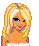 Pixelated cartoon-style icon of a blonde woman with long hair, orange top, and white bottom against gray background.