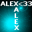 Animated buddy icon with cyan and black background displaying 'ALEX<33' text at top, vertical 'ALEX' letters in center, and subtle light effects.