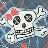 Pixelated skull icon with pink bow, black eye sockets and teeth, white bone structure against blue-gray background.