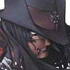 A close-up of a character with long dark hair and a dark hooded cloak, wearing a dark hat with a brown brim and a small decorative emblem on the side.