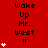 Red background with repeated text "Wake Up Mr. West !!" and white heart symbols in varying quantities across three