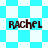 Four identical pixelated text displays of 'RACHEL' on cyan and white checkered backgrounds with diamond patterns.