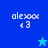 Pixelated text 'alexox' with '<3' below it on blue backgrounds, featuring a star symbol that changes color between light and dark blue across frames.