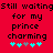 Red background with black pixelated text reading 'Still waiting for my prince charming' and five cyan-gray heart symbols below.